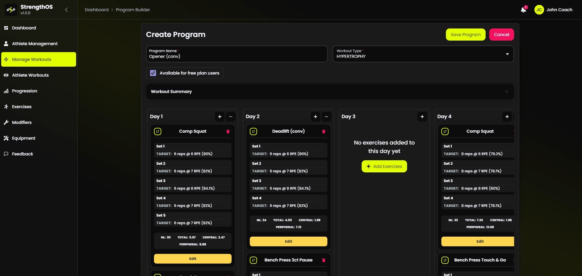 Strength OS Coach Dashboard Interface on a Laptop
