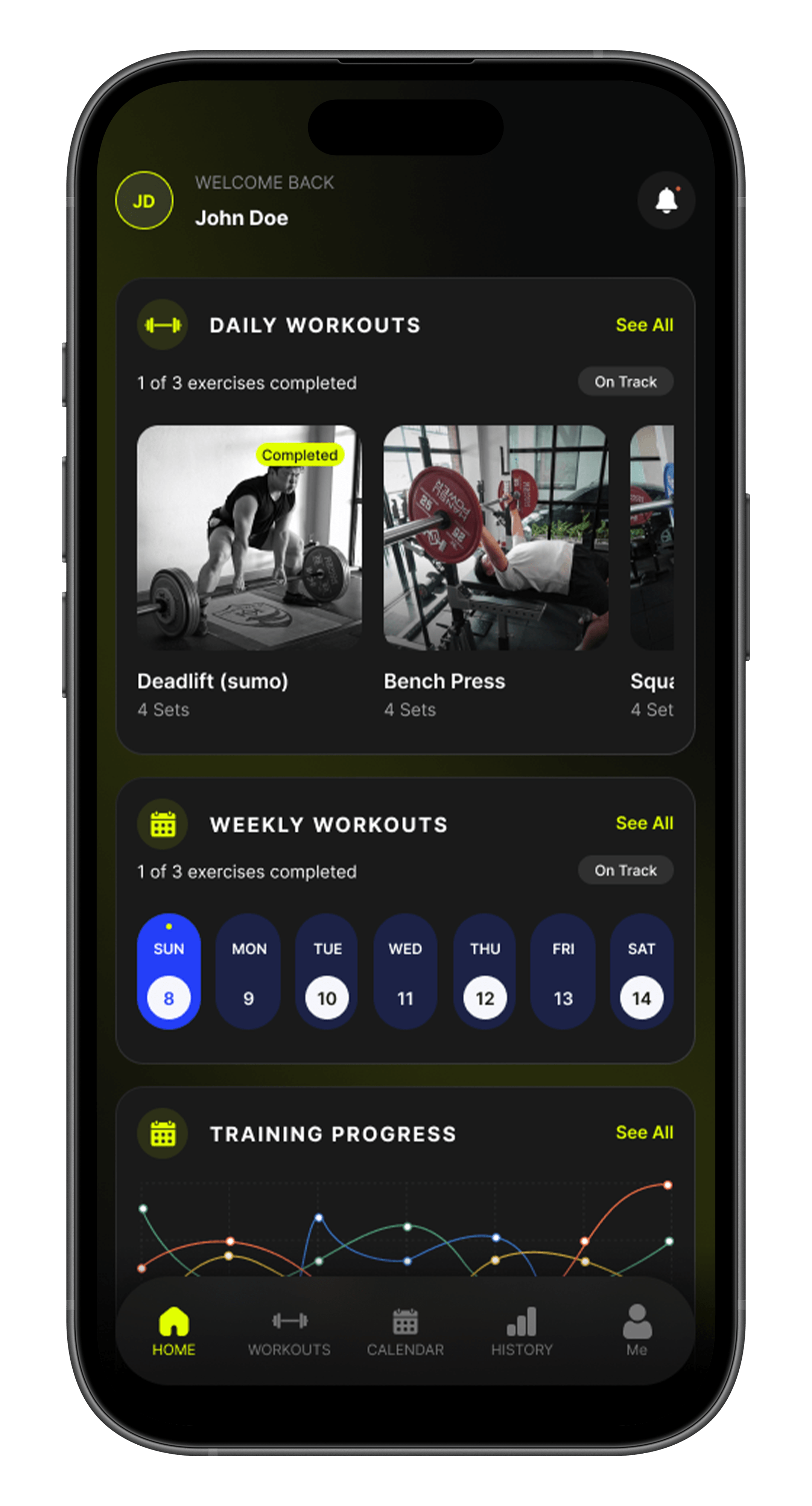 Strength OS Mobile App Interface showing Training Dashboard